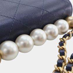 Pre Owned Chanel Navy Blue Mini Goatskin Chic Pearls Clutch On Chain