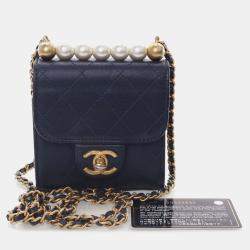 Pre Owned Chanel Navy Blue Mini Goatskin Chic Pearls Clutch On Chain