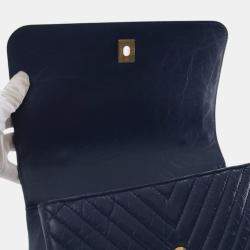 Pre Owned Chanel Navy Blue CC Chevron Aged Calfskin Top Handle Flap