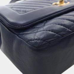 Pre Owned Chanel Navy Blue CC Chevron Aged Calfskin Top Handle Flap