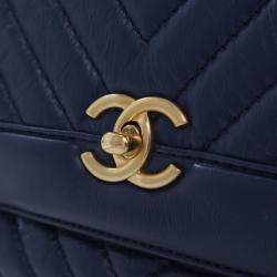 Pre Owned Chanel Navy Blue CC Chevron Aged Calfskin Top Handle Flap