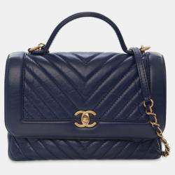 Pre Owned Chanel Navy Blue CC Chevron Aged Calfskin Top Handle Flap