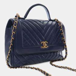 Pre Owned Chanel Navy Blue CC Chevron Aged Calfskin Top Handle Flap