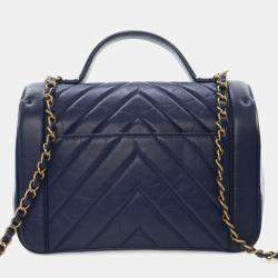 Pre Owned Chanel Navy Blue CC Chevron Aged Calfskin Top Handle Flap