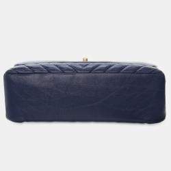 Pre Owned Chanel Navy Blue CC Chevron Aged Calfskin Top Handle Flap