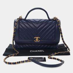 Pre Owned Chanel Navy Blue CC Chevron Aged Calfskin Top Handle Flap