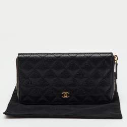Pre Owned Chanel Black Quilted Caviar Leather CC Zip Around Wallet