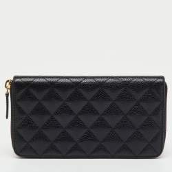 Pre Owned Chanel Black Quilted Caviar Leather CC Zip Around Wallet