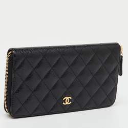 Pre Owned Chanel Black Quilted Caviar Leather CC Zip Around Wallet