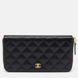 Pre Owned Chanel Black Quilted Caviar Leather CC Zip Around Wallet