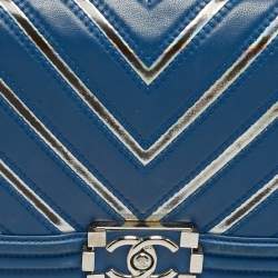 Pre Owned Chanel Blue/Iridescent Chevron PVC and Leather Medium Boy Flap Bag