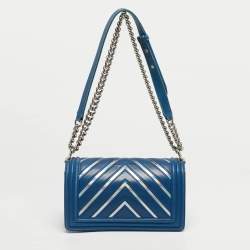Pre Owned Chanel Blue/Iridescent Chevron PVC and Leather Medium Boy Flap Bag