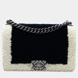 Pre Owned Chanel Black Old Medium Bicolor Shearling Boy Flap
