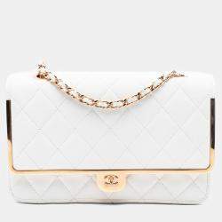 Pre Owned Chanel White CC Quilted Lambskin Frame Wallet On Chain