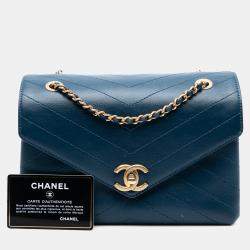Pre Owned Chanel Blue Small Chevron Lambskin Stitched Envelope Flap