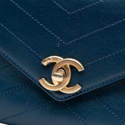 Pre Owned Chanel Blue Small Chevron Lambskin Stitched Envelope Flap