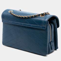 Pre Owned Chanel Blue Small Chevron Lambskin Stitched Envelope Flap