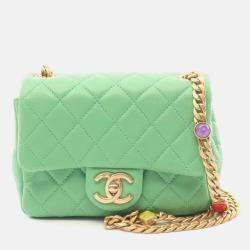 Pre Owned Chanel Pearl Square Mini Green Leather Quilted Flap Bag