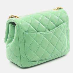 Pre Owned Chanel Pearl Square Mini Green Leather Quilted Flap Bag