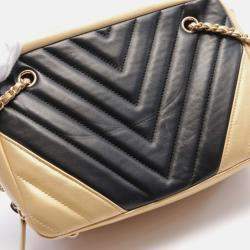 Pre Owned Chanel Chevron Black/Gold Lambskin Chain Shoulder Bag