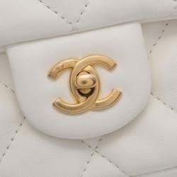 Pre Owned Chanel Flap White Quilted Leather Lambskin Shoulder Bag