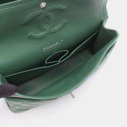 Pre Owned Chanel Classic Double Flap Green Leather Shoulder Bag