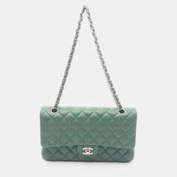 Pre Owned Chanel Classic Double Flap Green Leather Shoulder Bag