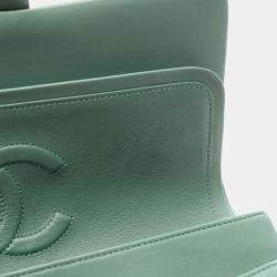 Pre Owned Chanel Classic Double Flap Green Leather Shoulder Bag