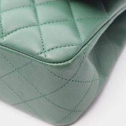 Pre Owned Chanel Classic Double Flap Green Leather Shoulder Bag
