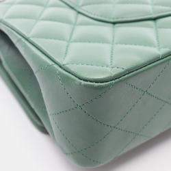 Pre Owned Chanel Classic Double Flap Green Leather Shoulder Bag