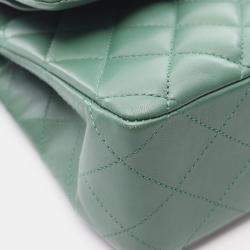 Pre Owned Chanel Classic Double Flap Green Leather Shoulder Bag