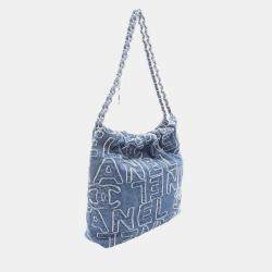 Pre Owned Chanel 22 Small Fringed Logo Quilted Denim Chain Hobo Bag