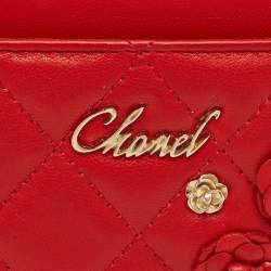 Pre Owned Chanel Red Quilted Leather CC Camelia Card Holder