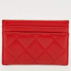 Pre Owned Chanel Red Quilted Leather CC Camelia Card Holder