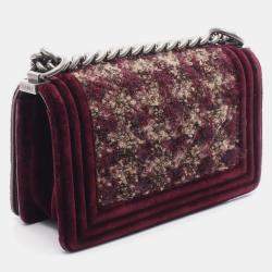 Pre Owned Chanel Boy Small Bordeaux Tweed, Leather Shoulder Bag