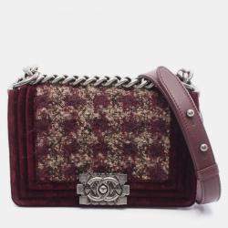 Pre Owned Chanel Boy Small Bordeaux Tweed, Leather Shoulder Bag