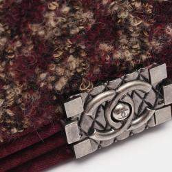 Pre Owned Chanel Boy Small Bordeaux Tweed, Leather Shoulder Bag