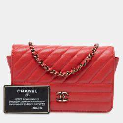 Pre Owned Chanel Red Quilted Goatskin Diagonal Wallet On Chain