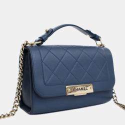 Pre Owned Chanel Blue Small Quilted Grained Calfskin Label Click Flap