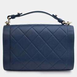 Pre Owned Chanel Blue Small Quilted Grained Calfskin Label Click Flap