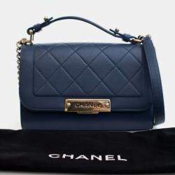 Pre Owned Chanel Blue Small Quilted Grained Calfskin Label Click Flap