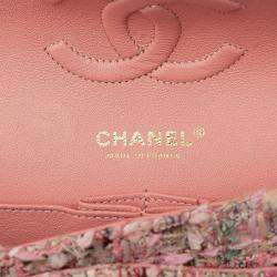 Pre Owned Chanel Pink Medium Classic Quilted Tweed Braided Double Flap
