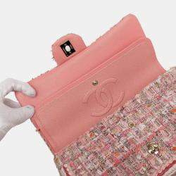 Pre Owned Chanel Pink Medium Classic Quilted Tweed Braided Double Flap