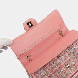 Pre Owned Chanel Pink Medium Classic Quilted Tweed Braided Double Flap