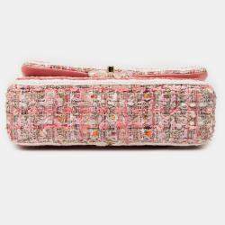Pre Owned Chanel Pink Medium Classic Quilted Tweed Braided Double Flap