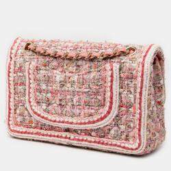 Pre Owned Chanel Pink Medium Classic Quilted Tweed Braided Double Flap