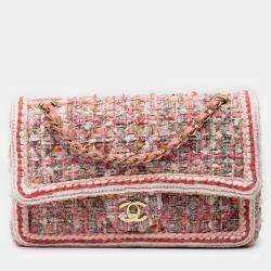 Pre Owned Chanel Pink Medium Classic Quilted Tweed Braided Double Flap