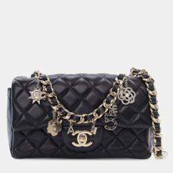 Pre Owned Chanel Black Mini Rectangular Classic Lambskin Coco Charms Single Flap