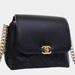 Pre Owned Chanel Black Quilted Goatskin Side Chain Compartment Flap