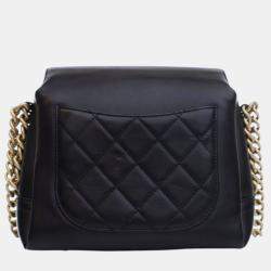 Pre Owned Chanel Black Quilted Goatskin Side Chain Compartment Flap